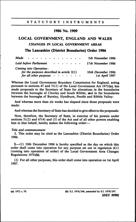 The Lancashire (District Boundaries) Order 1986