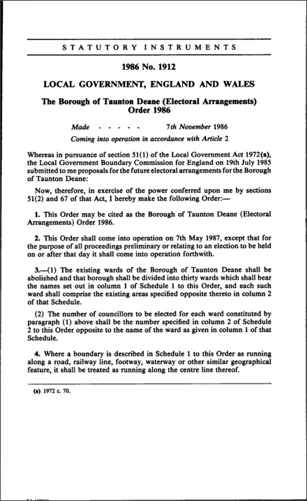 The Borough of Taunton Deane (Electoral Arrangements) Order 1986