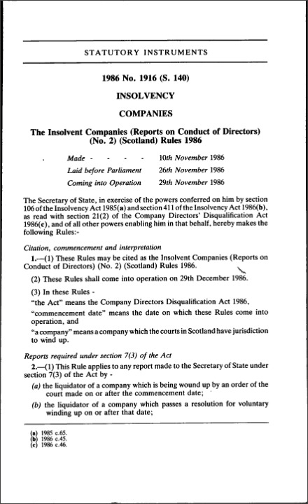 The Insolvent Companies (Reports on Conduct of Directors) (No. 2) (Scotland) Rules 1986