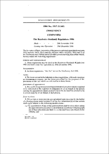 The Receivers (Scotland) Regulations 1986