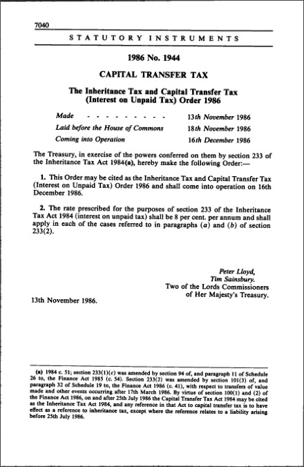 The Inheritance Tax and Capital Transfer Tax (Interest on Unpaid Tax) Order 1986
