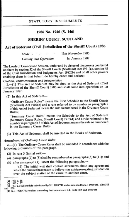 Act of Sederunt (Civil Jurisdiction of the Sheriff Court) 1986