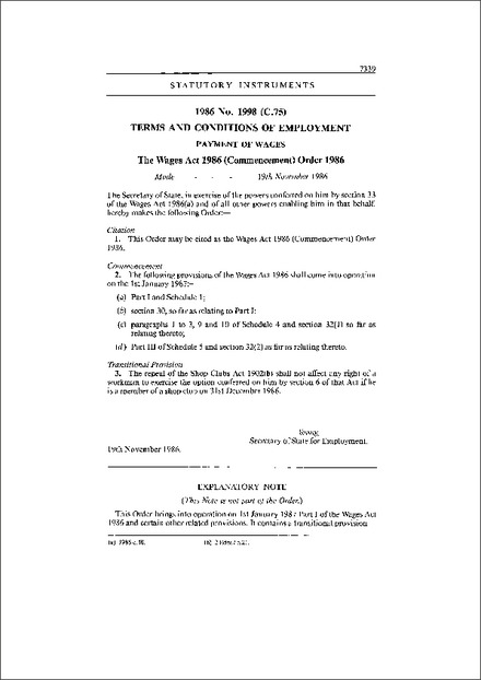 The Wages Act 1986 (Commencement) Order 1986