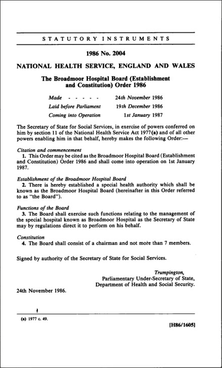 The Broadmoor Hospital Board (Establishment and Constitution) Order 1986