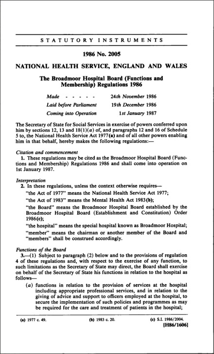 The Broadmoor Hospital Board (Functions and Membership) Regulations 1986