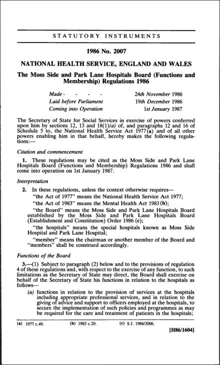 The Moss Side and Park Lane Hospitals Board (Functions and Membership) Regulations 1986