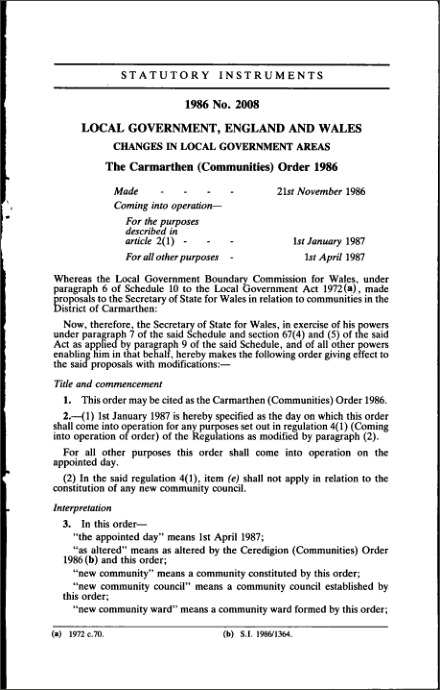 The Carmarthen (Communities) Order 1986