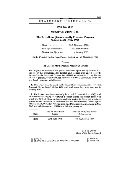 The Extradition (Internationally Protected Persons) (Amendment) Order 1986
