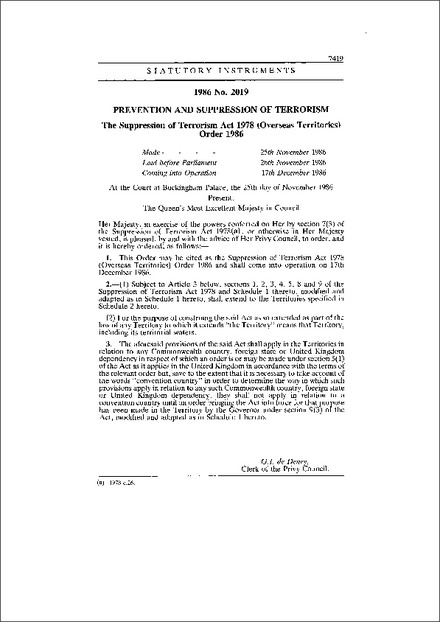 The Suppression of Terrorism Act 1978 (Overseas Territories) Order 1986