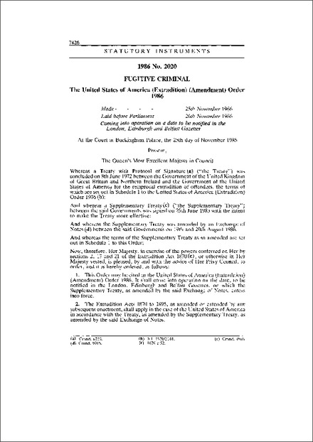 The United States of America (Extradition) (Amendment) Order 1986