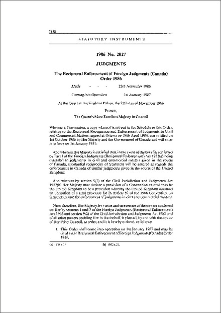 The Reciprocal Enforcement of Foreign Judgments (Canada) Order 1986