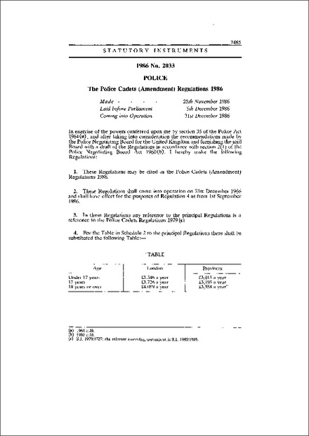 The Police Cadets (Amendment) Regulations 1986