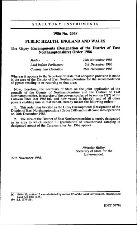 The Gipsy Encampments (Designation of the District of East Northamptonshire) Order 1986