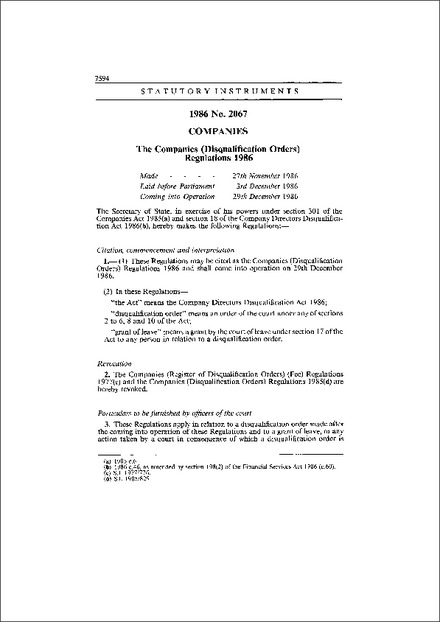 The Companies (Disqualification Orders) Regulations 1986
