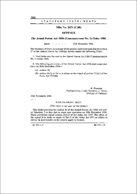 The Armed Forces Act 1986 (Commencement No. 1) Order 1986