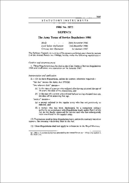 The Army Terms of Service Regulations 1986