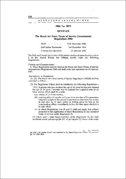 The Royal Air Force Terms of Service (Amendment) Regulations 1986