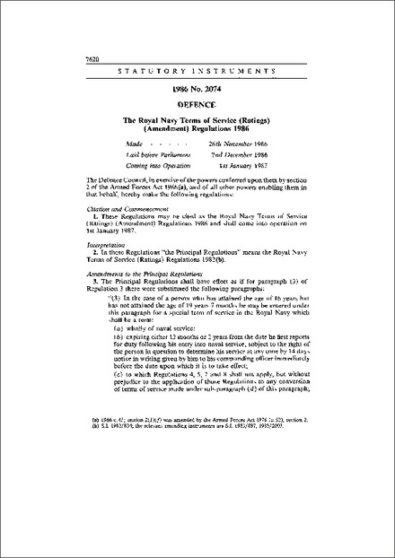 The Royal Navy Terms of Service (Ratings) (Amendment) Regulations 1986