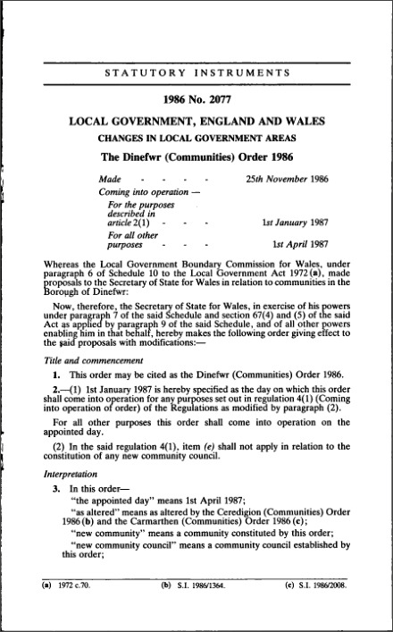 The Dinefwr (Communities) Order 1986