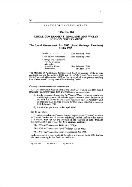The Local Government Act 1985 (Land Drainage Functions) Order 1986