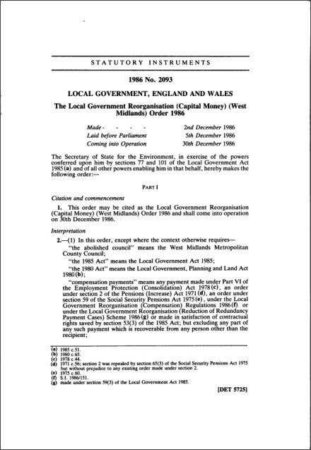 The Local Government Reorganisation (Capital Money) (West Midlands) Order 1986
