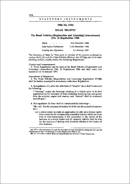 The Road Vehicles (Registration and Licensing) (Amendment) (No. 3) Regulations 1986