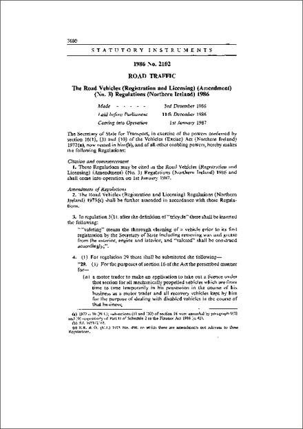 The Road Vehicles (Registration and Licensing) (Amendment) (No. 3) Regulations (Northern Ireland) 1986