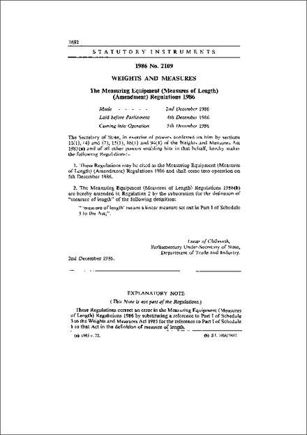 The Measuring Equipment (Measures of Length) (Amendment) Regulations 1986