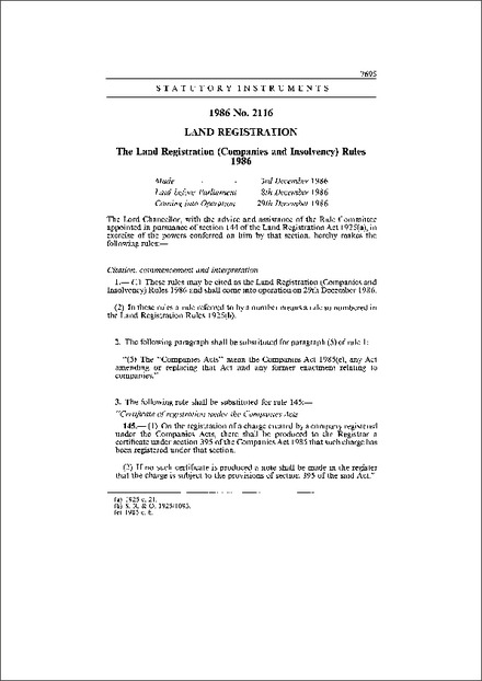 The Land Registration (Companies and Insolvency) Rules 1986