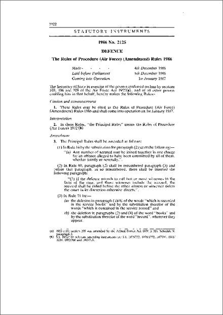 The Rules of Procedure (Air Force) (Amendment) Rules 1986