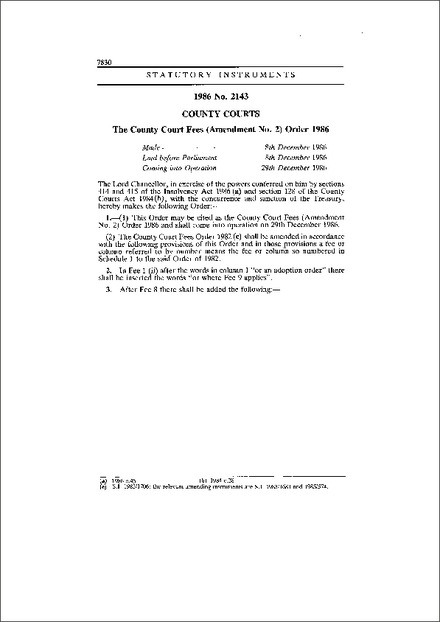 The County Court Fees (Amendment No. 2) Order 1986