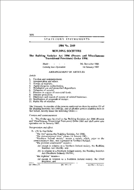 The Building Societies Act 1986 (Powers and Miscellaneous Transitional Provisions) Order 1986