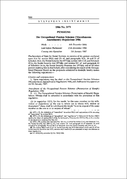 The Occupational Pension Schemes (Miscellaneous Amendments) Regulations 1986