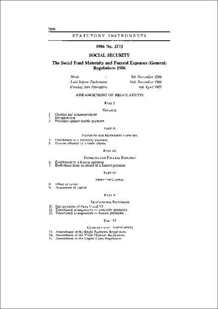 The Social Fund Maternity and Funeral Expenses (General) Regulations 1986