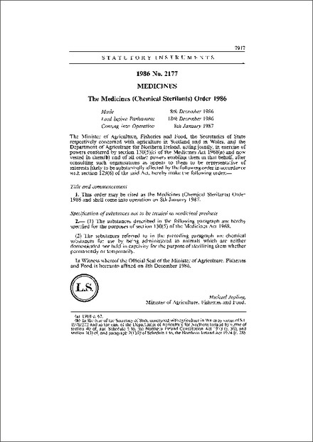 The Medicines (Chemical Sterilants) Order 1986