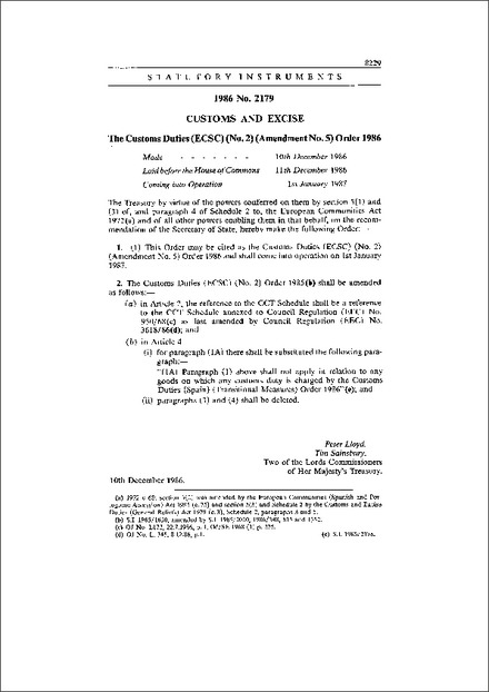 The Customs Duties (ECSC) (No. 2) (Amendment No. 5) Order 1986