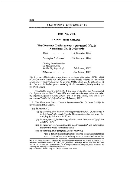 The Consumer Credit (Exempt Agreements) (No.2) (Amendment No.2) Order 1986