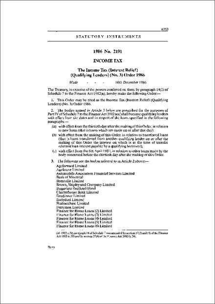 The Income Tax (Interest Relief) (Qualifying Lenders) (No. 3) Order 1986