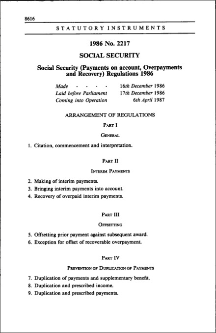 The Social Security (Payments on account, Overpayments and Recovery) Regulations 1986