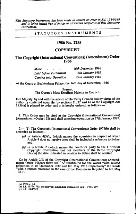 The Copyright (International Conventions) (Amendment) Order 1986
