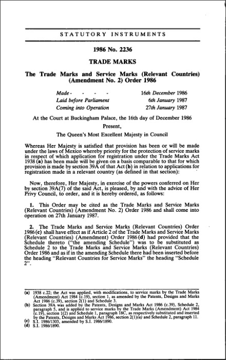 The Trade Marks and Service Marks (Relevant Countries) (Amendment No. 2) Order 1986