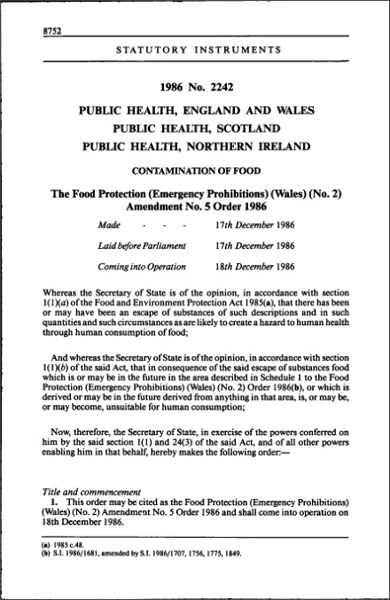 The Food Protection (Emergency Prohibitions) (Wales) (No. 2) Amendment No. 5 Order 1986