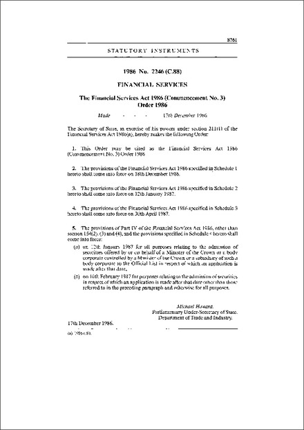 The Financial Services Act 1986 (Commencement No. 3) Order 1986