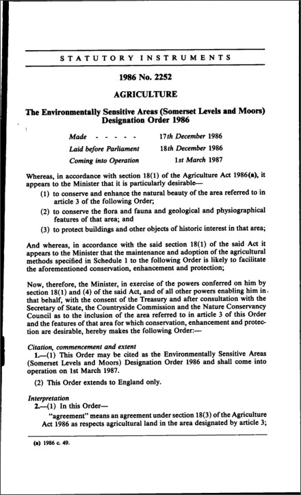The Environmentally Sensitive Areas (Somerset Levels and Moors) Designation Order 1986