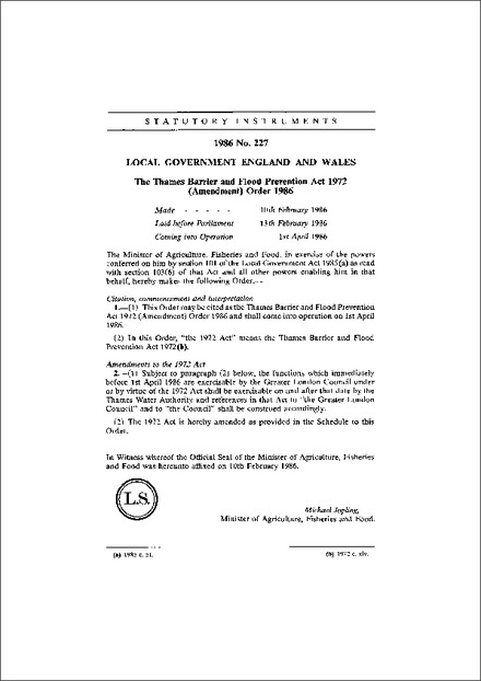 The Thames Barrier and Flood Prevention Act 1972 (Amendment) Order 1986