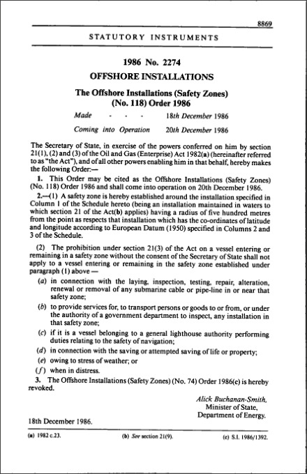 The Offshore Installations (Safety Zones) (No. 118) Order 1986