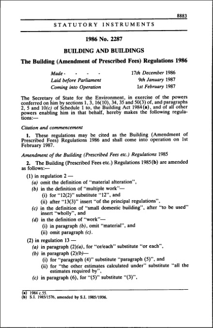 The Building (Amendment of Prescribed Fees) Regulations 1986