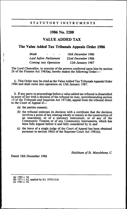 The Value Added Tax Tribunals Appeals Order 1986