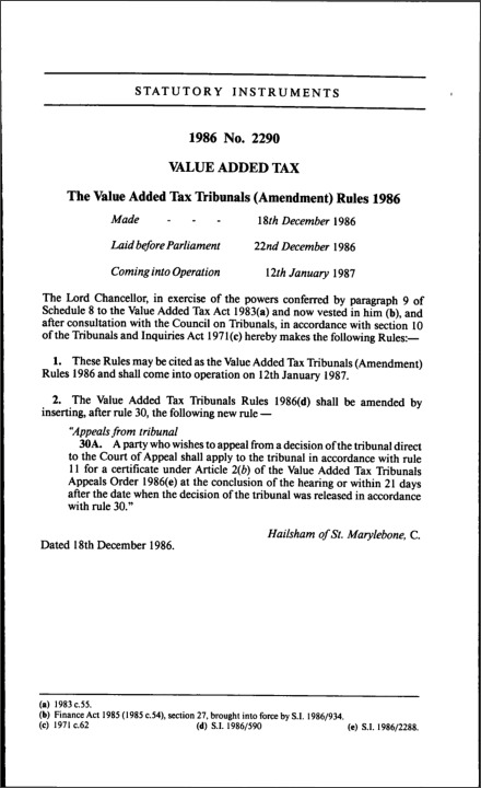 The Value Added Tax Tribunals (Amendment) Rules 1986