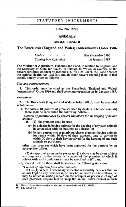 The Brucellosis (England and Wales) (Amendment) Order 1986